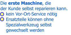 Die erste Maschine, die der Kunde selbst reparieren kann.    kein Vor-Ort-Service nötig    Ersatzteile können ohne    Spezialwerkzeug selbst     gewechselt werden